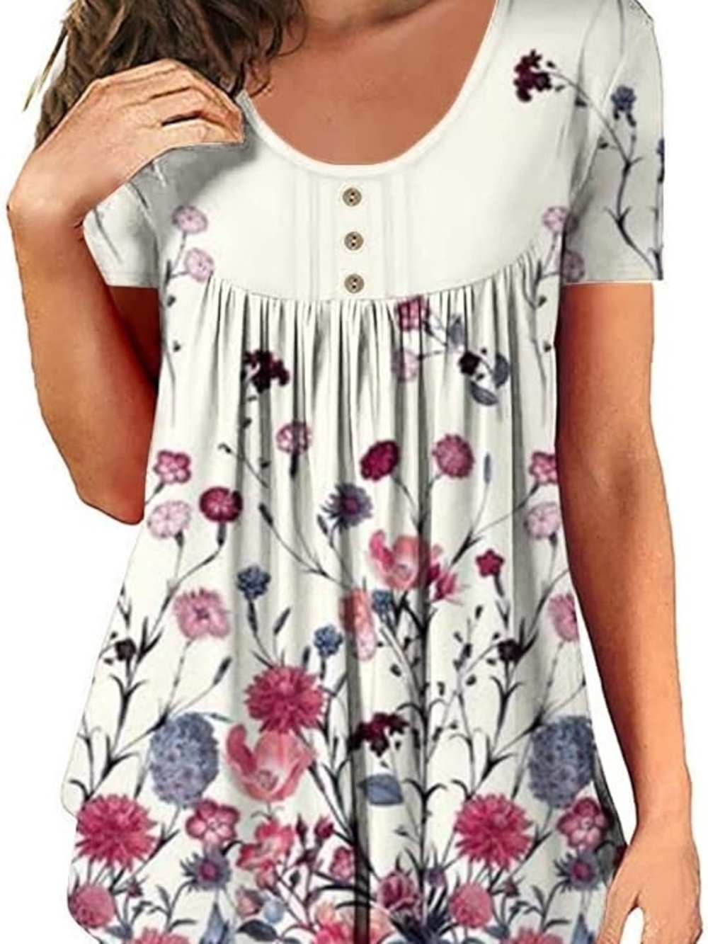 White Floral Scoop Neck Tunic with Button Trim